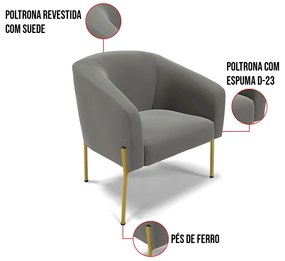 Poltrona Decorativa Pé de Ferro Dourado Kit 2 Stella Suede D03 - D'Rossi - Grafite