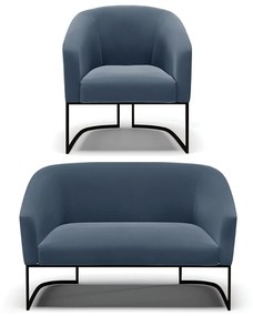 Sofá Namoradeira e Poltrona Base Industrial Preto Stella Suede D03 - D'Rossi - Azul Marinho