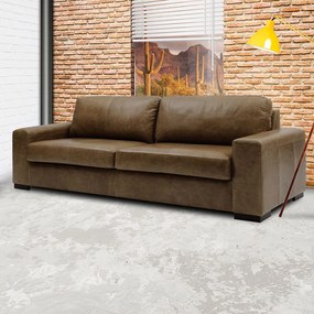 Sofá 3 Lugares Sala de Estar Pés Madeira Aisla 210 cm Couro Castanho G43 - Gran Belo