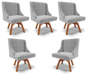 Kit 5 Cadeiras Decorativas Sala de Jantar Base Giratória de Madeira Firenze Suede Cinza/Natural G19 - Gran Belo