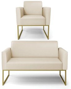 Sofá Namoradeira com Poltrona Base Industrial Dourado Marisa Corino D03 - D'Rossi - Bege