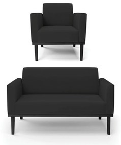 Conjunto Poltrona e Namoradeira Decorativa Isabella Pés Fixo em Madeira Preto Veludo Preto G19 - Gran Belo
