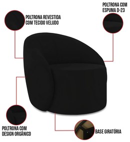 Sofá 3 Lugares Orgânico 180cm Morgan e Poltrona Lua Veludo Preto D03 - D'Rossi