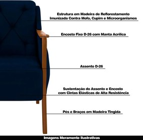Poltrona Namoradeira Hand 2 Lugares Braços em Madeira Veludo Azul Marinho G45 - Gran Belo