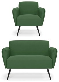 Sofá Namoradeira com Poltrona Pés Palito de Ferro Bruna Suede D01 - D'Rossi - Verde