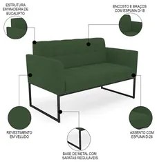Sofá Namoradeira e 2 Poltronas Base Industrial Preto Ana Veludo Verde