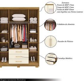 Guarda Roupa Solteiro Linna 150cm 4 Portas de Bater 2 com Espelhos 3 Gavetas Nature/OffWhite G98 - Gran Belo