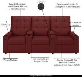 Poltrona do Papai Reclinável Sala de Cinema Movie 3 Lugares Manual Baú USB PU Vermelho