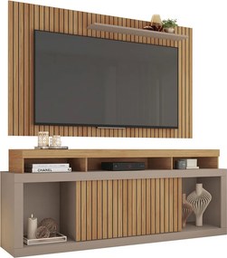 Conjunto Painel e Rack Bancada Toquio 180cm MDP Portas de Correr Ripado Buriti/Fendi G11-Gran Belo