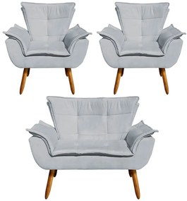 Conjunto 2 Poltronas e 1 Namoradeira Pés Palito Charger Suede Cinza G19 - Gran Belo