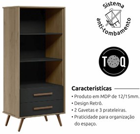 Estante Livreiro Organizador 02 Gavetas Retrô  Modena Carvalho/Preto - Loja Sheep - Carvalho/Preto