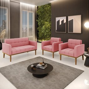 Namoradeira com 2 Poltronas Base de Madeira Castanho Elisa Suede D03 - D'Rossi - Rose