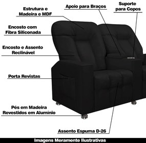 Poltrona Reclinável 2 Lugares para Sala de Cinema Pequim PU Preto G23 - Gran Belo