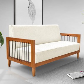 Sofá Namoradeira 2 Lugares Sala de Estar Pés Madeira Maciça Corda Náutica Preta 160cm Manila Linho Off White Rústico G63 - Gran Belo
