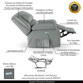 Poltrona do Papai Reclinável Sala de Cinema Madrid Elétrica Touch USB PU Cinza  G23