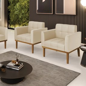 Kit 2 Poltronas Decorativas Karen Pés Fixo em Madeira Castanho PU Bege G19 - Gran Belo