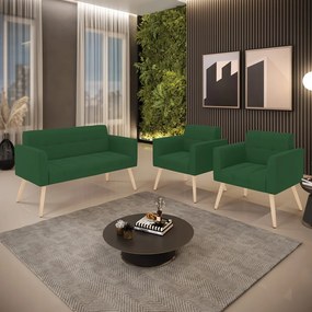 Kit 1 Sofá Namoradeira e 2 Poltronas Elisa Veludo Pés Palito Natural - D'Rossi - Verde
