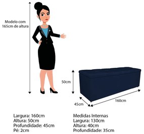Calçadeira Estofada Manchester 160 cm Queen Size Suede Azul Marinho - ADJ Decor