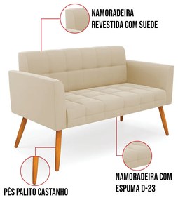 Kit 1 Sofá Namoradeira e 1 Poltrona Elisa Suede Pés Palito Castanho D03 - D'Rossi - Bege