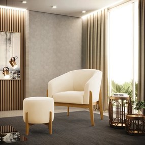 Poltrona com Puff Base de Madeira Stella Suede D03 - D'Rossi - Bege