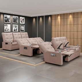 Poltrona do Papai Reclinável Sala de Cinema Movie 3 Lugares Manual Baú USB Veludo Rosê