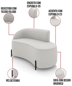 Sofá 2 Lugares Orgânico 140cm Pé Ferro Preto Morgan Veludo D03 - D'Rossi - Cinza