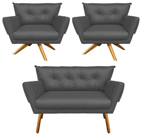 Kit 01 Namoradeira E 02 Poltronas Giratória Anitta Corino Base Madeira MA30 D03 - D'Rossi - Grafite