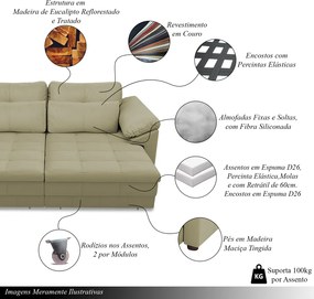 Sofá Retrátil Manual Sala de Estar Nolan Bipartido 297cm Conforto Premium em Couro Fendi G58 - Gran Belo