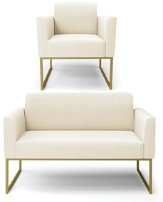 Sofá Namoradeira com Poltrona Base Industrial Dourado Marisa Veludo D03 - D'Rossi - Bege