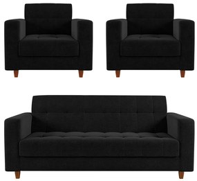 Kit 01 Sofá 3 Lugares e 02 Poltronas Arezzo Linho Pés Chanfrado Castanho - D'Rossi - A79 Preto