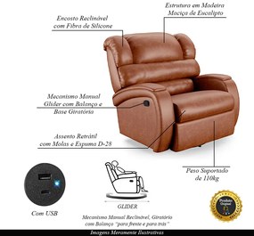 Poltrona do Papai Sala de Cinema Reclinável Kylie Glider Manual Giratória USB PU Caramelo Brilho G23