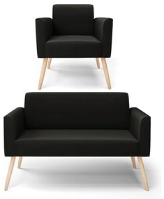 Sofá Namoradeira com Poltrona Pés Palito Natural Marisa Suede Preto D03 - D'Rossi