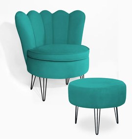 Poltrona Decorativa Dália com Puff Chloe Hairpin Legs Preto Veludo Azul Tiffany