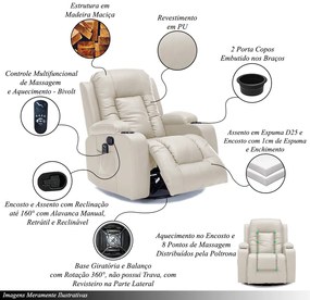 Poltrona do Papai Sala de Estar Giratória Reclinável Manual Austin Aquecimento Massagem PU Bege G94 - Gran Belo