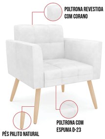 Kit 1 Sofá Namoradeira e 2 Poltronas Elisa Corano Branco Pés Palito Natural - D'Rossi