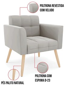 Kit 1 Sofá Namoradeira e 2 Poltronas Elisa Veludo Pés Palito Natural D03 - D'Rossi - Cinza