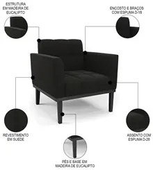 Poltrona Decorativa Base Madeira Preto Ana Suede Preto - Ibiza