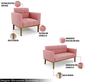 Conjunto Poltrona e Namoradeira Decorativas Karen Pés Fixo em Madeira Castanho Suede Rose G19 - Gran Belo