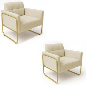 Poltrona Sala Industrial Alta Tubo Dourado Kit 2 Elisa Linho D03 - D'Rossi - Bege