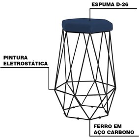 Kit 2 Banqueta Decorativa Rubel Base Preta Veludo Azul G41 - Gran Belo