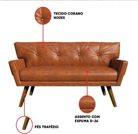 Sofá Namoradeira e 2 Poltronas Pé de Madeira Anitta Sintético PU Nozes D03 - D'Rossi