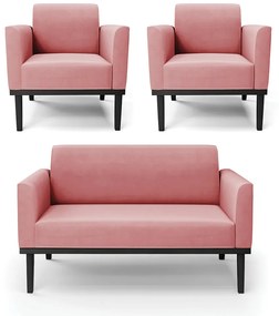 Conjunto 2 Poltronas e 1 Namoradeira Decorativa Isabella Pés Fixo em Madeira Preto Suede Rose G19 - Gran Belo