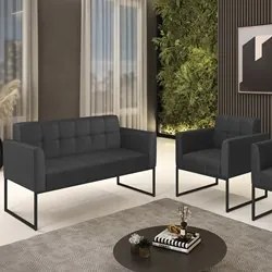 Sofá Namoradeira e 1 Poltrona Base Industrial Preto Ana Sintético Pret