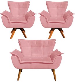 Sofá Namoradeira e 2 Poltronas Giratória MM30 Opala Suede D03 - D'Rossi - Rose