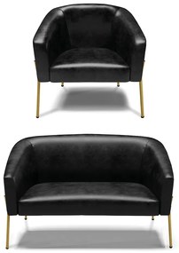 Sofá Namoradeira e Poltrona Pé de Ferro Dourado Stella Sintético PU 03 - D'Rossi - Preto