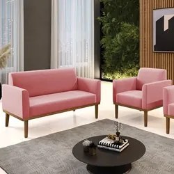 Sofá Namoradeira e 1 Poltrona Base Madeira Castanho Maressa Suede Rosê