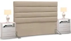 Cabeceira Cama Box Casal 140cm Greta Suede Bege e 2 Mesas de Cabeceira