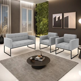 Kit 1 Sofá Namoradeira e 2 Poltronas Elisa Suede Cinza Base Metálica Industrial Preto - D'Rossi