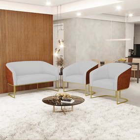 Namoradeira e 2 Poltronas Industrial Dourado Stella Noz/Linho D03 - D'Rossi - Cinza