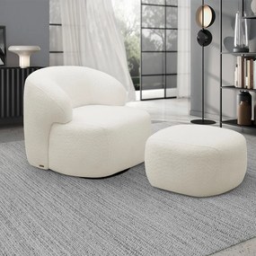 Conjunto Sala de Estar Decorativo Charlote 1 Poltrona Namoradeira 150cm 1 Poltrona Base Giratória em Aço com Puff Bouclê Off White G88 - Gran Belo